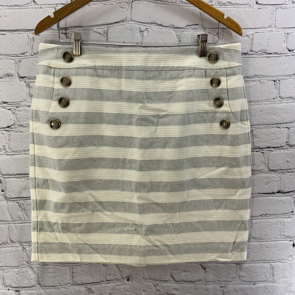 Loft Skirt Womens Sz 14P Gray Cream Stripes‎ Pencil Business Casual